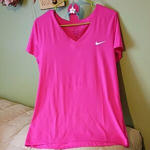 Nike Dri-FIT Short Sleeve V-Neck Tee in Hot Pink with White Swoosh